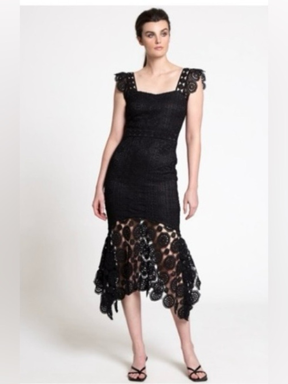 Beautiful Lena black Lace Midi Dress with Flutter Cap Sleeves